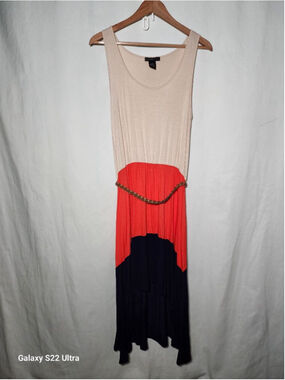 Women's DESIGN HISTORY Maxi Dress M Beige Red Navy Colorblock